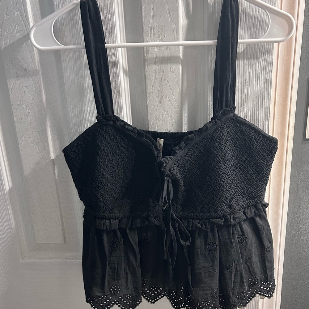American Eagle Outfitters Black Eyelet Smocked Tie-Front Tank